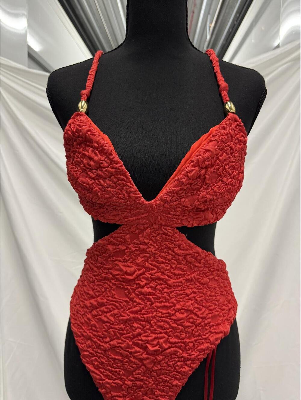 Red Textured One-Piece Swimsuit with Cutout Design